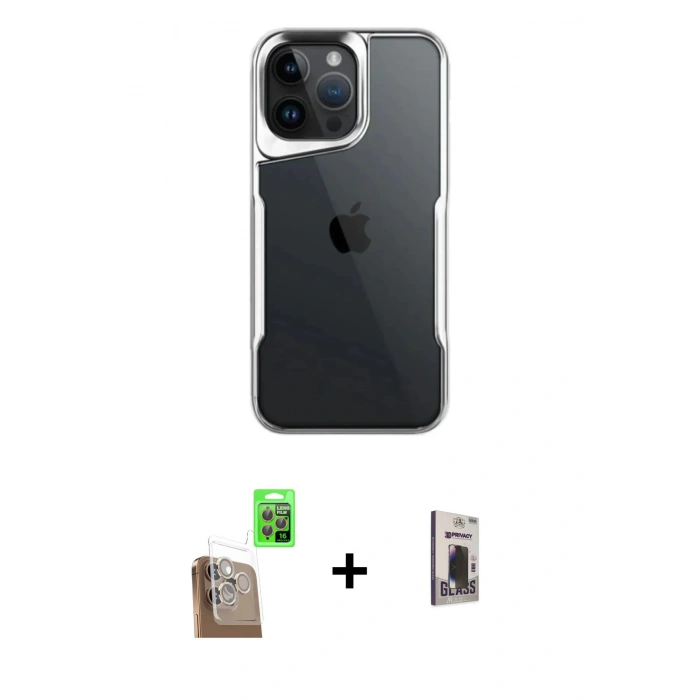MARSİLYAN™- iPhone 16 Pro Max Kılıf Akış Çizgi Koleksiyonu - Siyah Bilvis Hayalet Cam Ekran Koruyucu + Raze Metal Kamera Lens - CLTM
