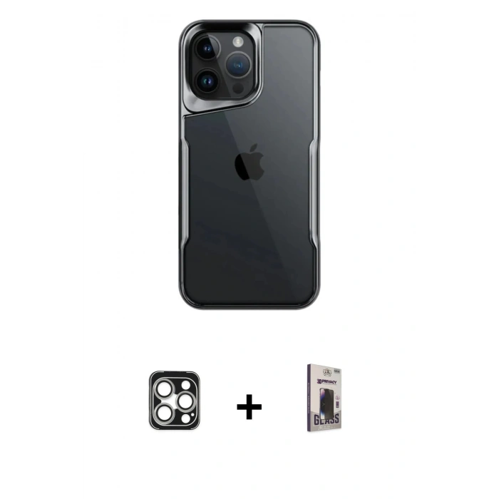 MARSİLYAN™- iPhone 16 Pro Max Kılıf Akış Çizgi Koleksiyonu - Siyah Bilvis Hayalet Cam Ekran Koruyucu + Gümüş PVD Metal Kamera Lens