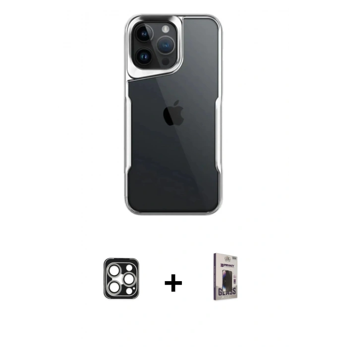 MARSİLYAN™- iPhone 16 Pro Max Kılıf Akış Çizgi Koleksiyonu - Siyah Bilvis Hayalet Cam Ekran Koruyucu + Gümüş PVD Metal Kamera Lens