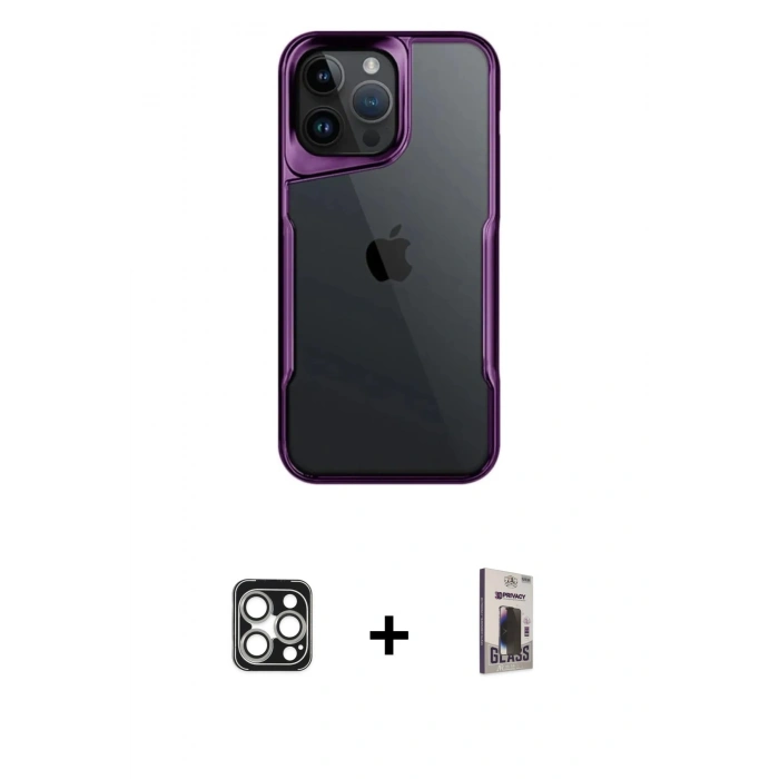 MARSİLYAN™- iPhone 16 Pro Max Kılıf Akış Çizgi Koleksiyonu - Siyah Bilvis Hayalet Cam Ekran Koruyucu + Gümüş PVD Metal Kamera Lens