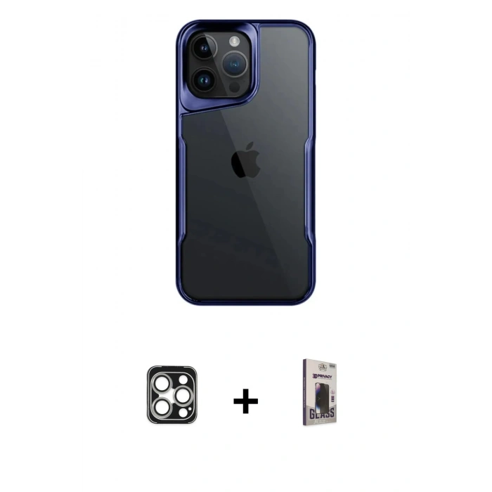 MARSİLYAN™- iPhone 16 Pro Max Kılıf Akış Çizgi Koleksiyonu - Siyah Bilvis Hayalet Cam Ekran Koruyucu + Gümüş PVD Metal Kamera Lens