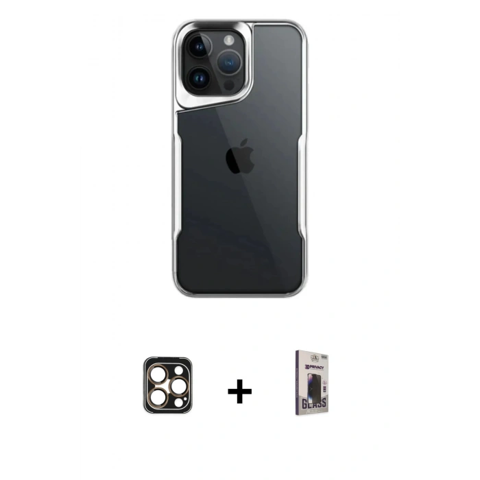 MARSİLYAN™- iPhone 16 Pro Max Kılıf Akış Çizgi Koleksiyonu - Siyah Bilvis Hayalet Cam Ekran Koruyucu + PVD Metal Kamera Lens - GD