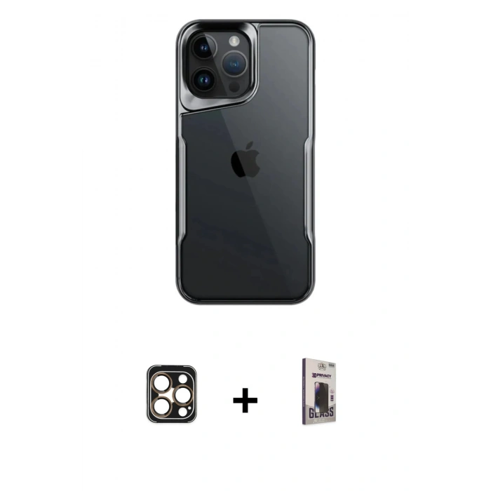 MARSİLYAN™- iPhone 16 Pro Max Kılıf Akış Çizgi Koleksiyonu - Siyah Bilvis Hayalet Cam Ekran Koruyucu + PVD Metal Kamera Lens - GD