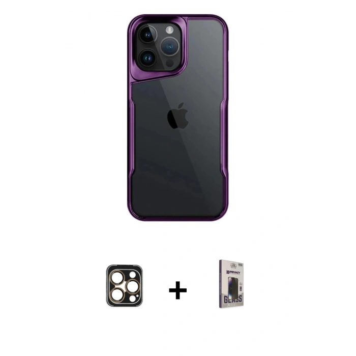 MARSİLYAN™- iPhone 16 Pro Max Kılıf Akış Çizgi Koleksiyonu - Siyah Bilvis Hayalet Cam Ekran Koruyucu + PVD Metal Kamera Lens - GD