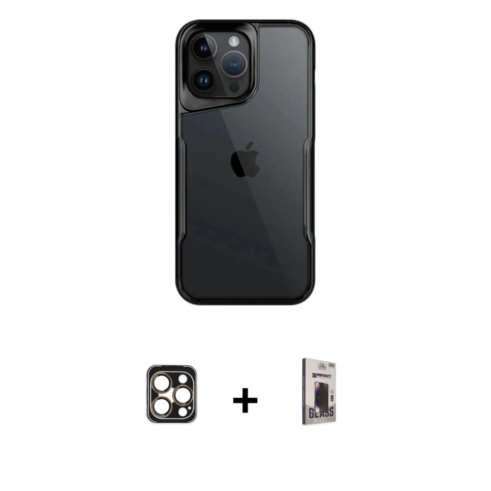 MARSİLYAN™- iPhone 16 Pro Max Kılıf Akış Çizgi Koleksiyonu - Siyah Bilvis Hayalet Cam Ekran Koruyucu + PVD Metal Kamera Lens - GD
