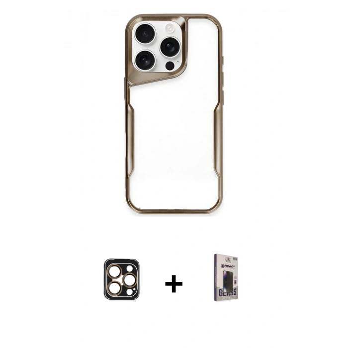 MARSİLYAN™- iPhone 16 Pro Max Kılıf Akış Çizgi Koleksiyonu - Siyah Bilvis Hayalet Cam Ekran Koruyucu + PVD Metal Kamera Lens - GD