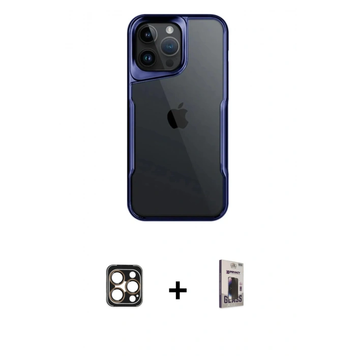 MARSİLYAN™- iPhone 16 Pro Max Kılıf Akış Çizgi Koleksiyonu - Siyah Bilvis Hayalet Cam Ekran Koruyucu + PVD Metal Kamera Lens - GD