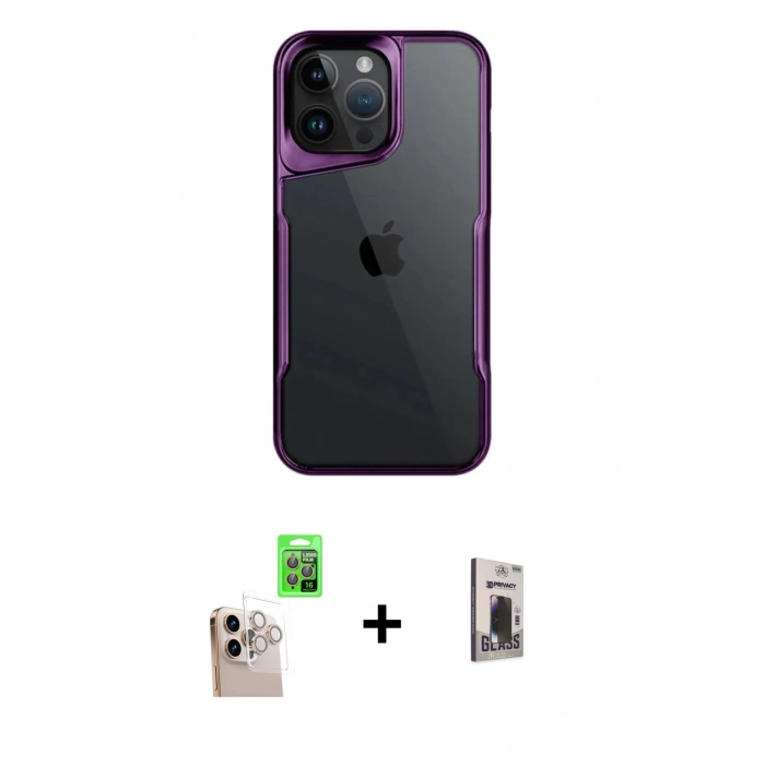 MARSİLYAN™- iPhone 16 Pro Max Kılıf Akış Çizgi Koleksiyonu - Siyah Bilvis Hayalet Cam Ekran Koruyucu + Raze Metal Kamera Lens - NLGY