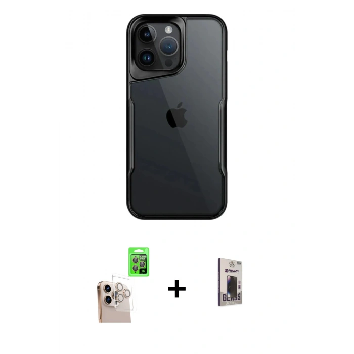 MARSİLYAN™- iPhone 16 Pro Max Kılıf Akış Çizgi Koleksiyonu - Siyah Bilvis Hayalet Cam Ekran Koruyucu + Raze Metal Kamera Lens - NLGY