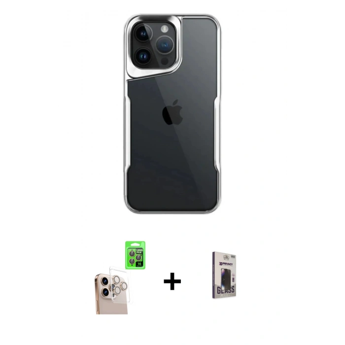 MARSİLYAN™- iPhone 16 Pro Max Kılıf Akış Çizgi Koleksiyonu - Siyah Bilvis Hayalet Cam Ekran Koruyucu + Raze Metal Kamera Lens - NLGY