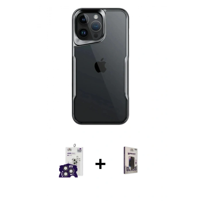 MARSİLYAN™- iPhone 16 Pro Max Kılıf Akış Çizgi Koleksiyonu - Siyah Bilvis Hayalet Cam Ekran Koruyucu + Bilvis Titan Kamera Lens - TMGI