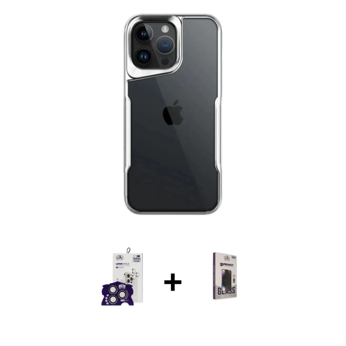 MARSİLYAN™- iPhone 16 Pro Max Kılıf Akış Çizgi Koleksiyonu - Siyah Bilvis Hayalet Cam Ekran Koruyucu + Bilvis Titan Kamera Lens - TMGI