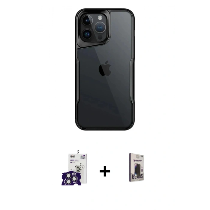 MARSİLYAN™- iPhone 16 Pro Max Kılıf Akış Çizgi Koleksiyonu - Siyah Bilvis Hayalet Cam Ekran Koruyucu + Bilvis Titan Kamera Lens - TMGI