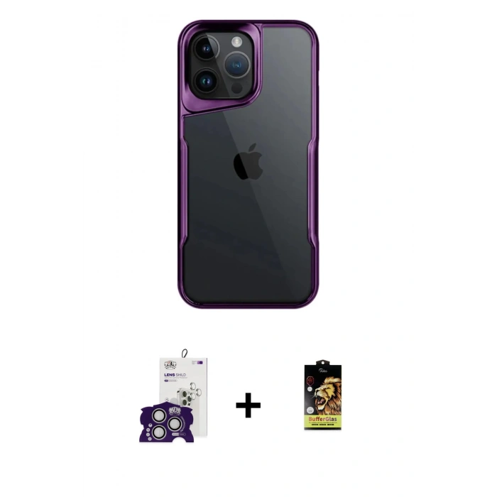 MARSİLYAN™- iPhone 16 Pro Max Kılıf Akış Çizgi Koleksiyonu - Siyah Buffer Cam Ekran Koruyucu + Bilvis Titan Kamera Lens - GS
