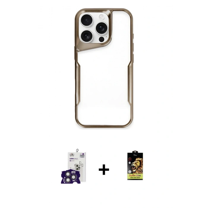 MARSİLYAN™- iPhone 16 Pro Max Kılıf Akış Çizgi Koleksiyonu - Siyah Buffer Cam Ekran Koruyucu + Bilvis Titan Kamera Lens - TMGI
