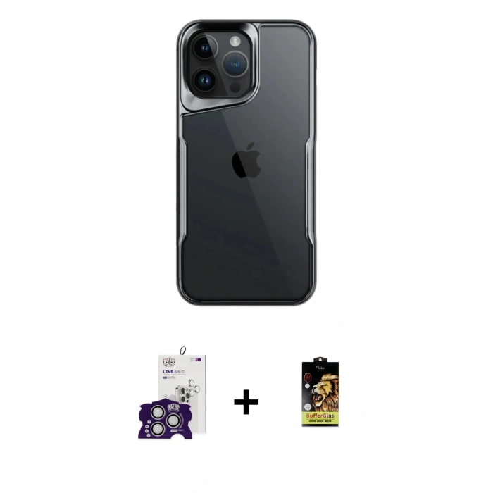 MARSİLYAN™- iPhone 16 Pro Max Kılıf Akış Çizgi Koleksiyonu - Siyah Buffer Cam Ekran Koruyucu + Bilvis Titan Kamera Lens - GS
