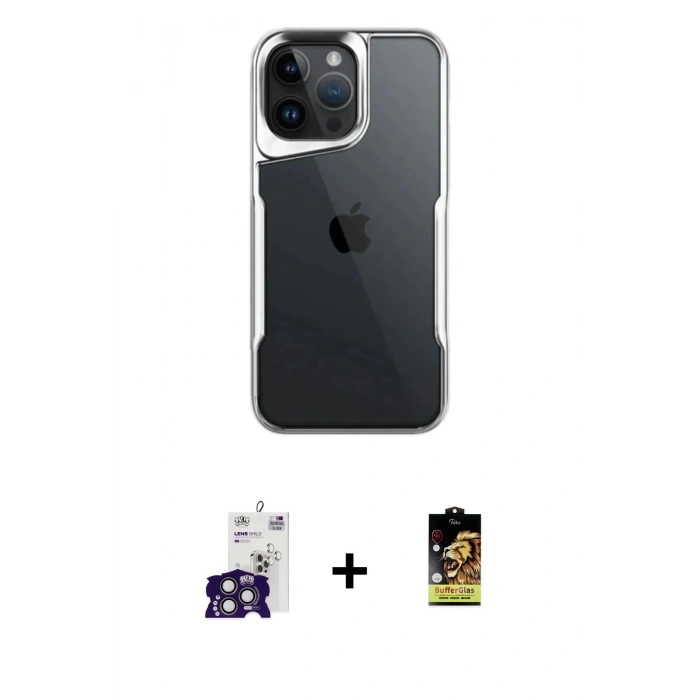 MARSİLYAN™- iPhone 16 Pro Max Kılıf Akış Çizgi Koleksiyonu - Siyah Buffer Cam Ekran Koruyucu + Bilvis Titan Kamera Lens - TMGI