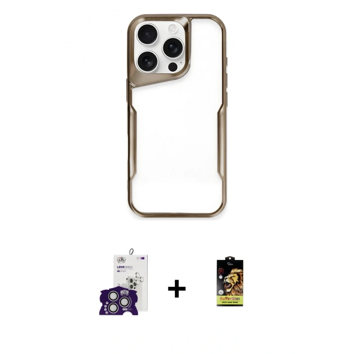 MARSİLYAN™- iPhone 16 Pro Max Kılıf Akış Çizgi Koleksiyonu - Siyah Buffer Cam Ekran Koruyucu + Bilvis Titan Kamera Lens - GS