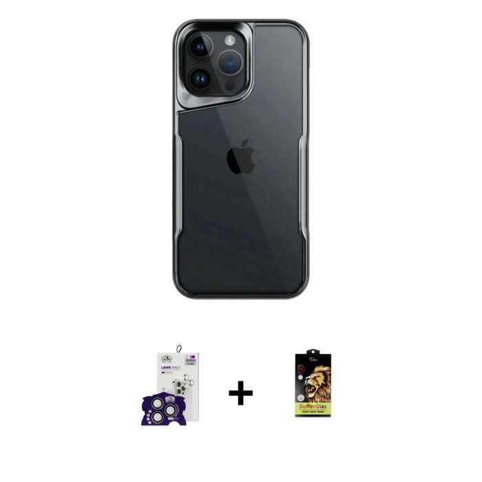 MARSİLYAN™- iPhone 16 Pro Max Kılıf Akış Çizgi Koleksiyonu - Siyah Buffer Cam Ekran Koruyucu + Bilvis Titan Kamera Lens - TMGI
