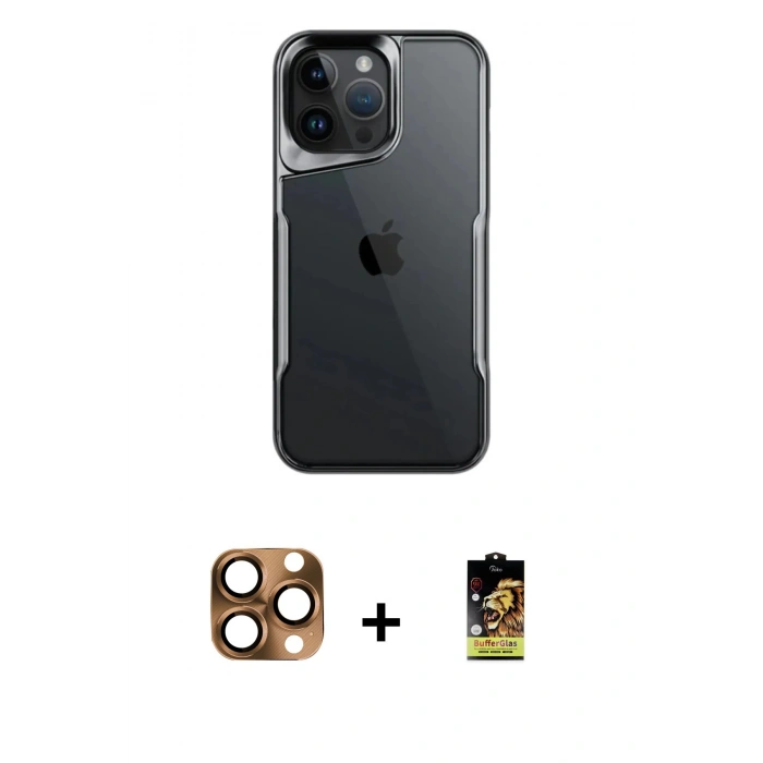 MARSİLYAN™- iPhone 16 Pro Max Kılıf Akış Çizgi Koleksiyonu - Siyah Buffer Cam Ekran Koruyucu + Pers Alüminyum Kamera Lens - CLTM