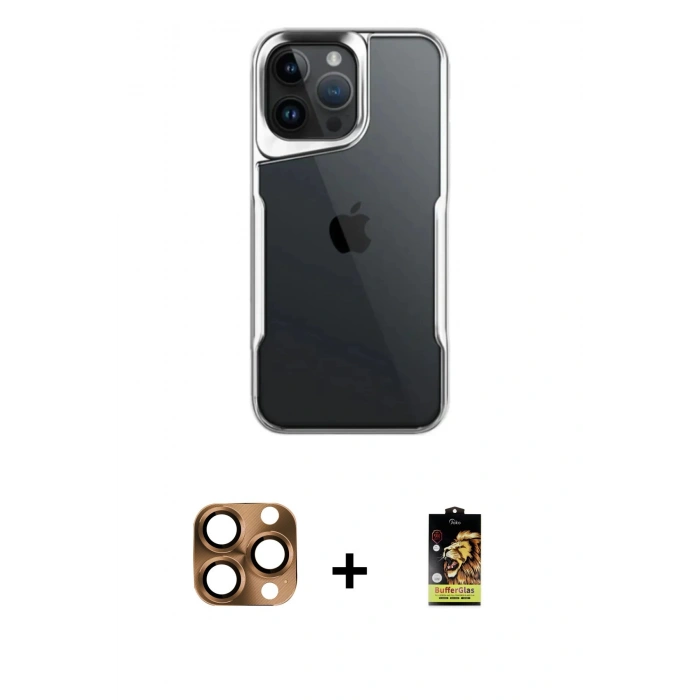 MARSİLYAN™- iPhone 16 Pro Max Kılıf Akış Çizgi Koleksiyonu - Siyah Buffer Cam Ekran Koruyucu + Pers Alüminyum Kamera Lens - CLTM