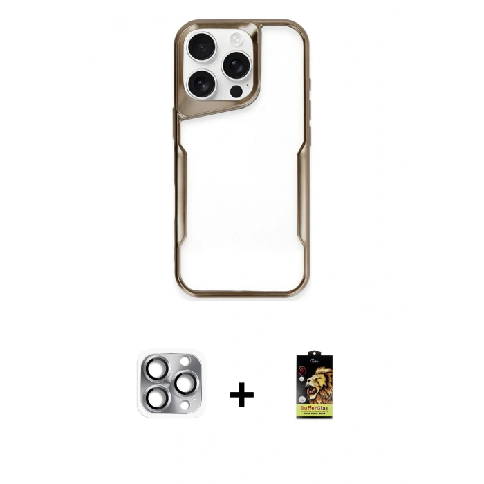MARSİLYAN™- iPhone 16 Pro Max Kılıf Akış Çizgi Koleksiyonu - Siyah Buffer Cam Ekran Koruyucu + Pers Alüminyum Kamera Lens - GI
