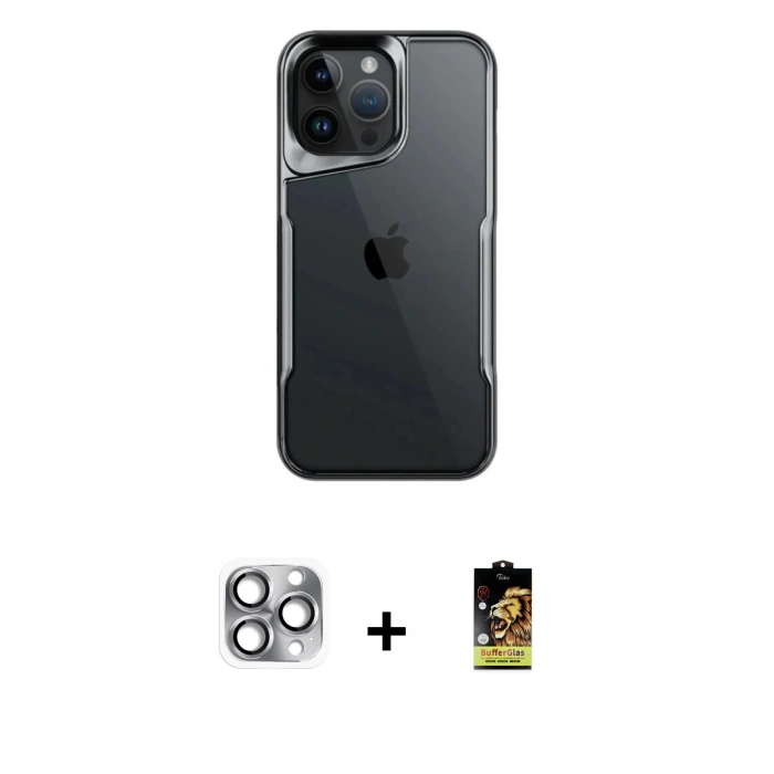 MARSİLYAN™- iPhone 16 Pro Max Kılıf Akış Çizgi Koleksiyonu - Siyah Buffer Cam Ekran Koruyucu + Pers Alüminyum Kamera Lens - GI