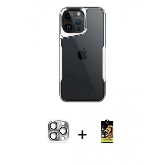 MARSİLYAN™- iPhone 16 Pro Max Kılıf Akış Çizgi Koleksiyonu - Siyah Buffer Cam Ekran Koruyucu + Pers Alüminyum Kamera Lens - GI