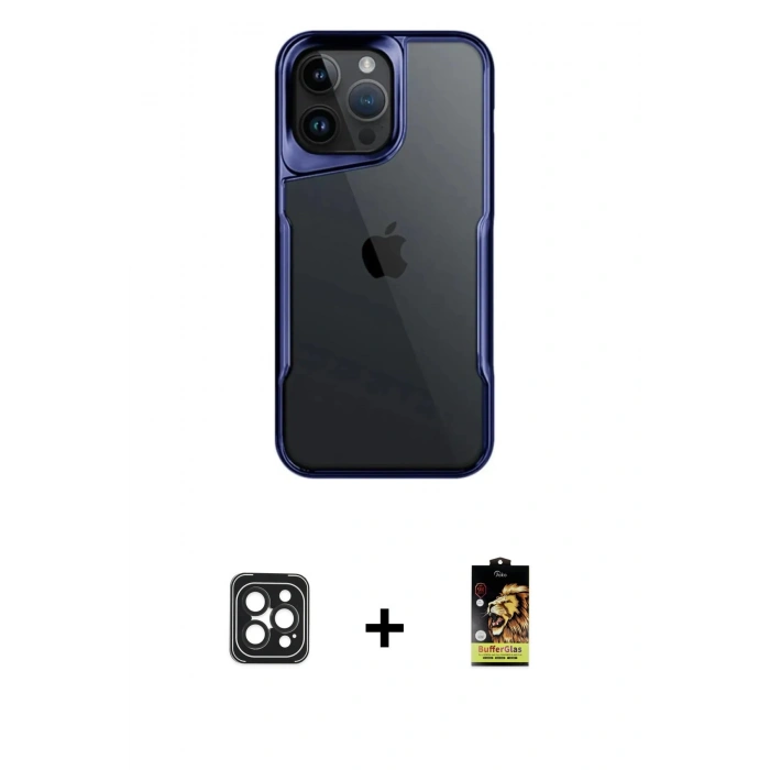 MARSİLYAN™- iPhone 16 Pro Max Kılıf Akış Çizgi Koleksiyonu - Siyah Buffer Cam Ekran Koruyucu + PVD Metal Kamera Lens - SH