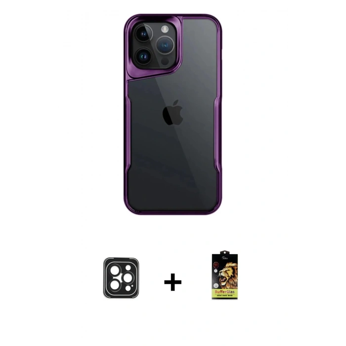 MARSİLYAN™- iPhone 16 Pro Max Kılıf Akış Çizgi Koleksiyonu - Siyah Buffer Cam Ekran Koruyucu + PVD Metal Kamera Lens - SH