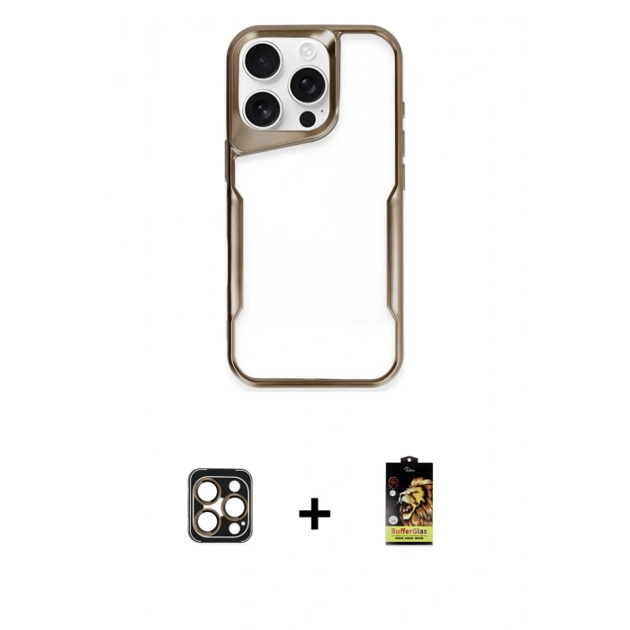 MARSİLYAN™- iPhone 16 Pro Max Kılıf Akış Çizgi Koleksiyonu - Siyah Buffer Cam Ekran Koruyucu + PVD Metal Kamera Lens - GD