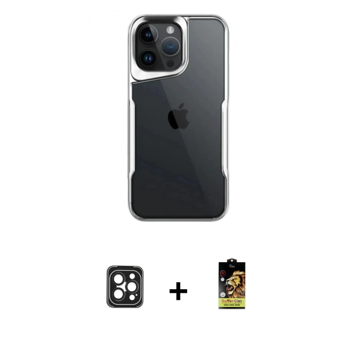 MARSİLYAN™- iPhone 16 Pro Max Kılıf Akış Çizgi Koleksiyonu - Siyah Buffer Cam Ekran Koruyucu + PVD Metal Kamera Lens - SH