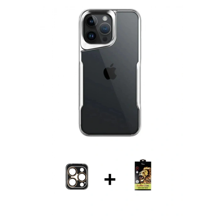 MARSİLYAN™- iPhone 16 Pro Max Kılıf Akış Çizgi Koleksiyonu - Siyah Buffer Cam Ekran Koruyucu + PVD Metal Kamera Lens - GD
