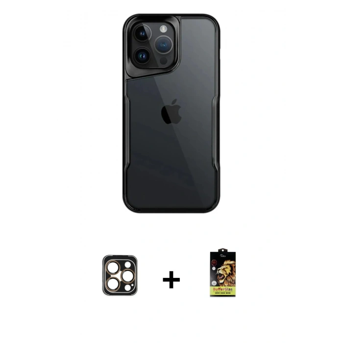 MARSİLYAN™- iPhone 16 Pro Max Kılıf Akış Çizgi Koleksiyonu - Siyah Buffer Cam Ekran Koruyucu + PVD Metal Kamera Lens - GD