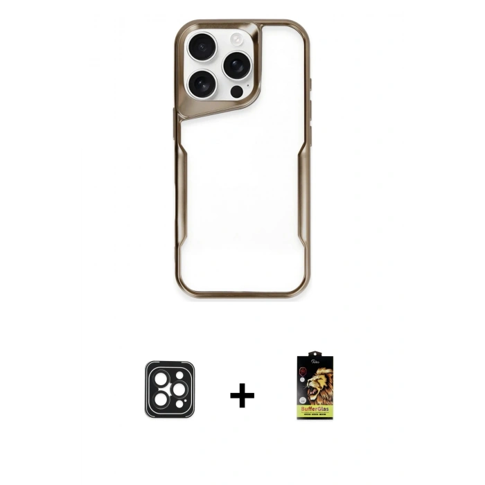 MARSİLYAN™- iPhone 16 Pro Max Kılıf Akış Çizgi Koleksiyonu - Siyah Buffer Cam Ekran Koruyucu + PVD Metal Kamera Lens - SH