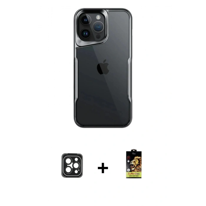 MARSİLYAN™- iPhone 16 Pro Max Kılıf Akış Çizgi Koleksiyonu - Siyah Buffer Cam Ekran Koruyucu + PVD Metal Kamera Lens - SH