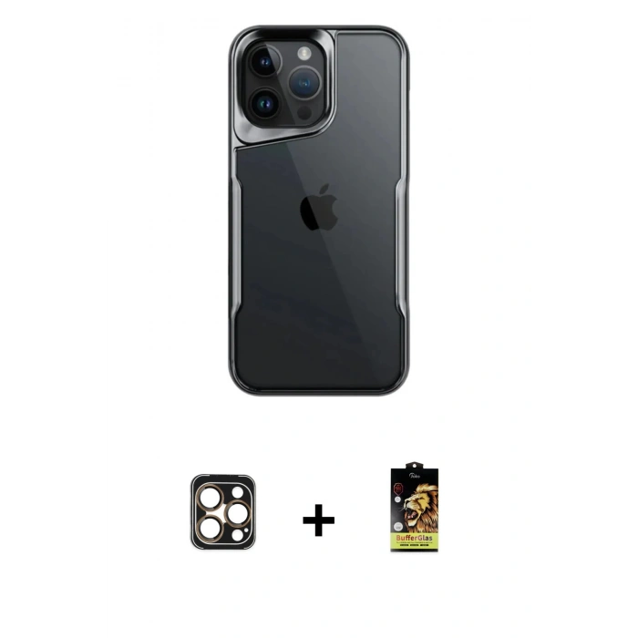 MARSİLYAN™- iPhone 16 Pro Max Kılıf Akış Çizgi Koleksiyonu - Siyah Buffer Cam Ekran Koruyucu + PVD Metal Kamera Lens - GD