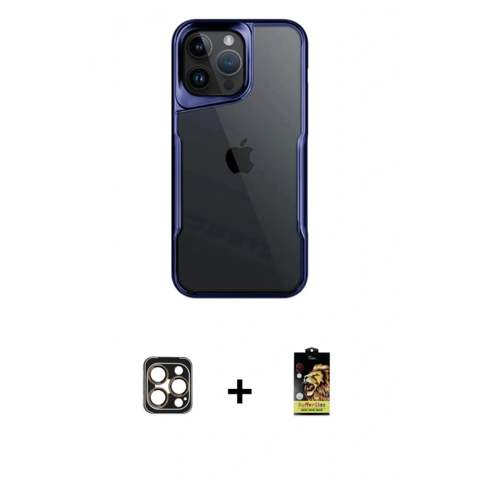 MARSİLYAN™- iPhone 16 Pro Max Kılıf Akış Çizgi Koleksiyonu - Siyah Buffer Cam Ekran Koruyucu + PVD Metal Kamera Lens - GD