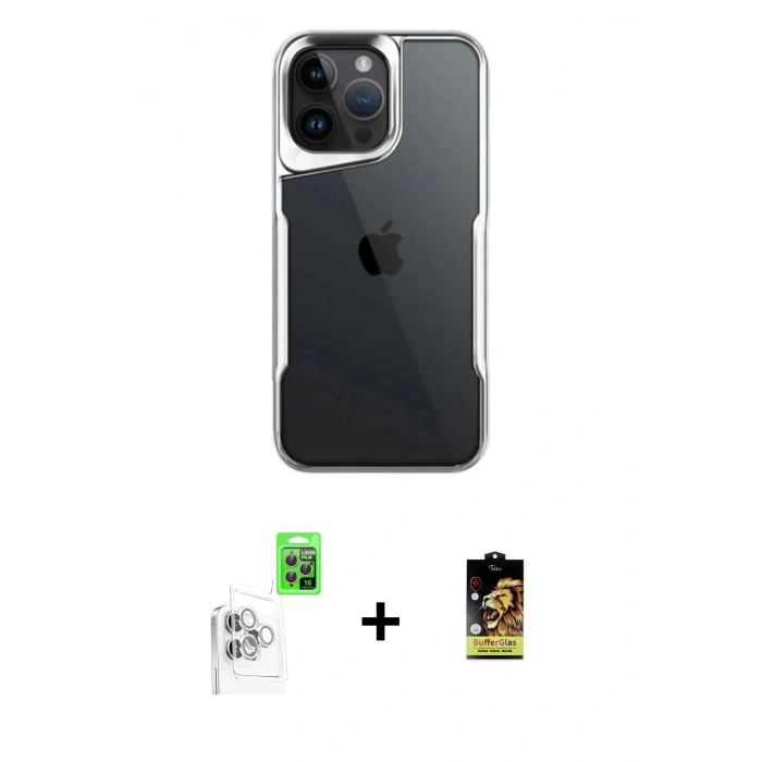MARSİLYAN™- iPhone 16 Pro Max Kılıf Akış Çizgi Koleksiyonu - Siyah Buffer Cam Ekran Koruyucu + Raze Metal Kamera Lens - BZ