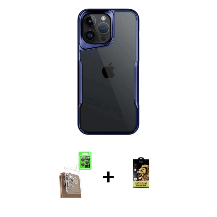 MARSİLYAN™- iPhone 16 Pro Max Kılıf Akış Çizgi Koleksiyonu - Siyah Buffer Cam Ekran Koruyucu + Raze Metal Kamera Lens - CLTM