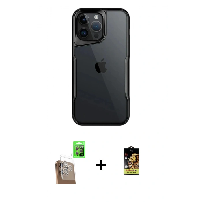 MARSİLYAN™- iPhone 16 Pro Max Kılıf Akış Çizgi Koleksiyonu - Siyah Buffer Cam Ekran Koruyucu + Raze Metal Kamera Lens - CLTM