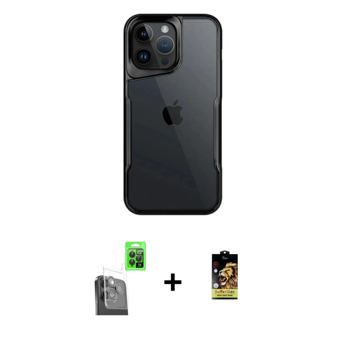 MARSİLYAN™- iPhone 16 Pro Max Kılıf Akış Çizgi Koleksiyonu - Siyah Buffer Cam Ekran Koruyucu + Raze Metal Kamera Lens - SH