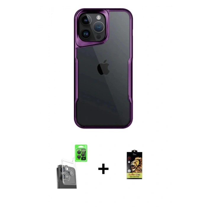 MARSİLYAN™- iPhone 16 Pro Max Kılıf Akış Çizgi Koleksiyonu - Siyah Buffer Cam Ekran Koruyucu + Raze Metal Kamera Lens - SH