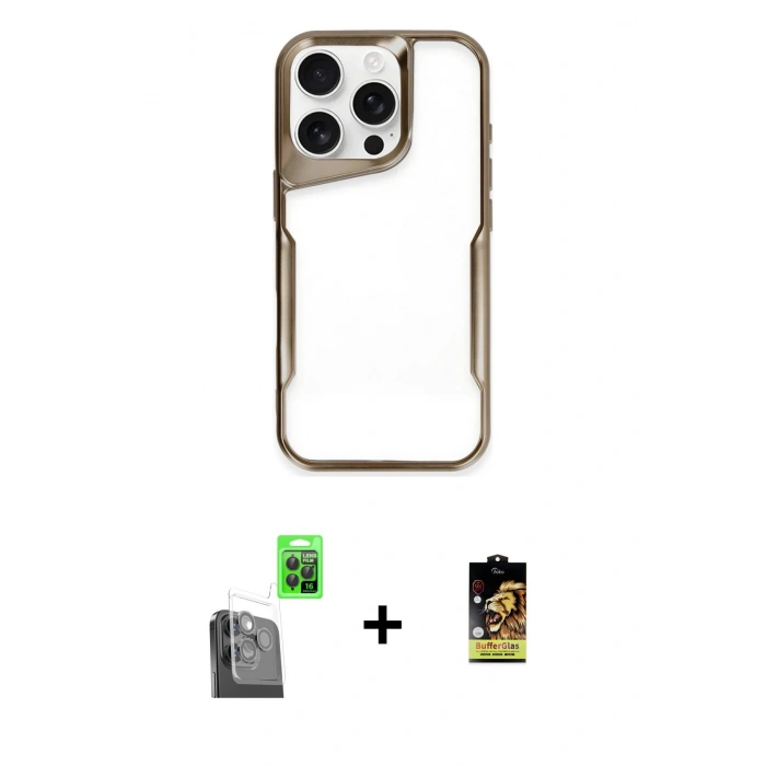 MARSİLYAN™- iPhone 16 Pro Max Kılıf Akış Çizgi Koleksiyonu - Siyah Buffer Cam Ekran Koruyucu + Raze Metal Kamera Lens - SH