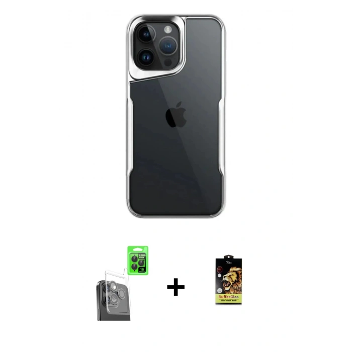 MARSİLYAN™- iPhone 16 Pro Max Kılıf Akış Çizgi Koleksiyonu - Siyah Buffer Cam Ekran Koruyucu + Raze Metal Kamera Lens - SH