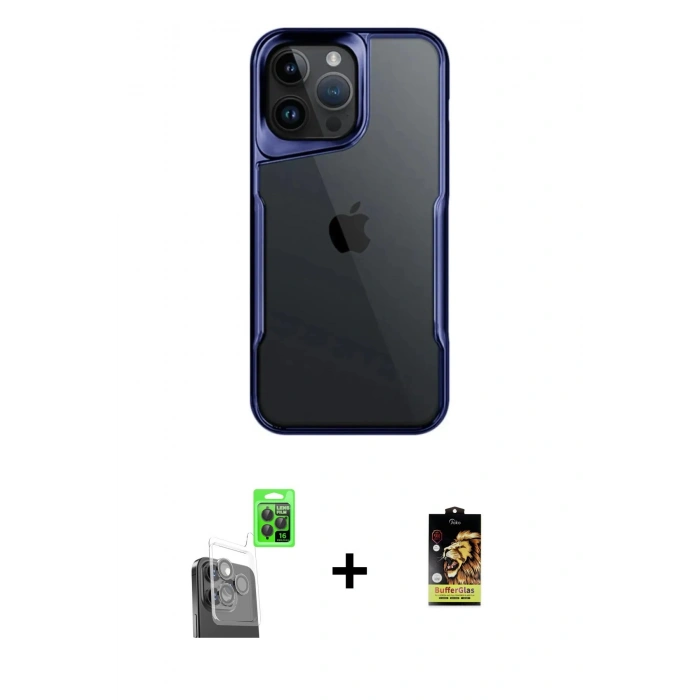 MARSİLYAN™- iPhone 16 Pro Max Kılıf Akış Çizgi Koleksiyonu - Siyah Buffer Cam Ekran Koruyucu + Raze Metal Kamera Lens - SH