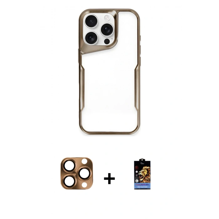 MARSİLYAN™- iPhone 16 Pro Max Kılıf Akış Çizgi Koleksiyonu - Siyah Buffer Hayalet Cam Ekran Koruyucu + Pers Alüminyum Kamera Lens - CLTM