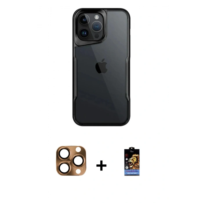 MARSİLYAN™- iPhone 16 Pro Max Kılıf Akış Çizgi Koleksiyonu - Siyah Buffer Hayalet Cam Ekran Koruyucu + Pers Alüminyum Kamera Lens - CLTM