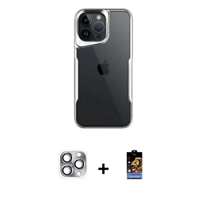 MARSİLYAN™- iPhone 16 Pro Max Kılıf Akış Çizgi Koleksiyonu - Siyah Buffer Hayalet Cam Ekran Koruyucu + Gri Pers Alüminyum Kamera Lens