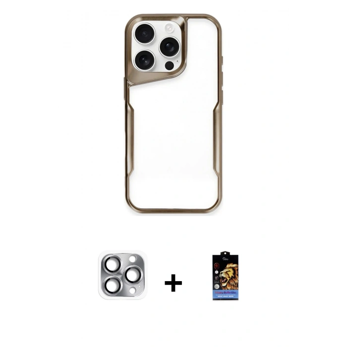 MARSİLYAN™- iPhone 16 Pro Max Kılıf Akış Çizgi Koleksiyonu - Siyah Buffer Hayalet Cam Ekran Koruyucu + Gri Pers Alüminyum Kamera Lens